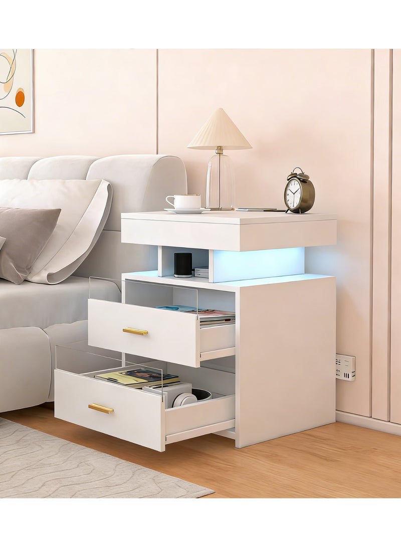 Nightstand with Wireless Charging Station, 2 Drawers Bedside Table with LED Light & USB Charging Port, Modern End Table with Storage for Bedroom, Living Room, CT060, White - Image 1